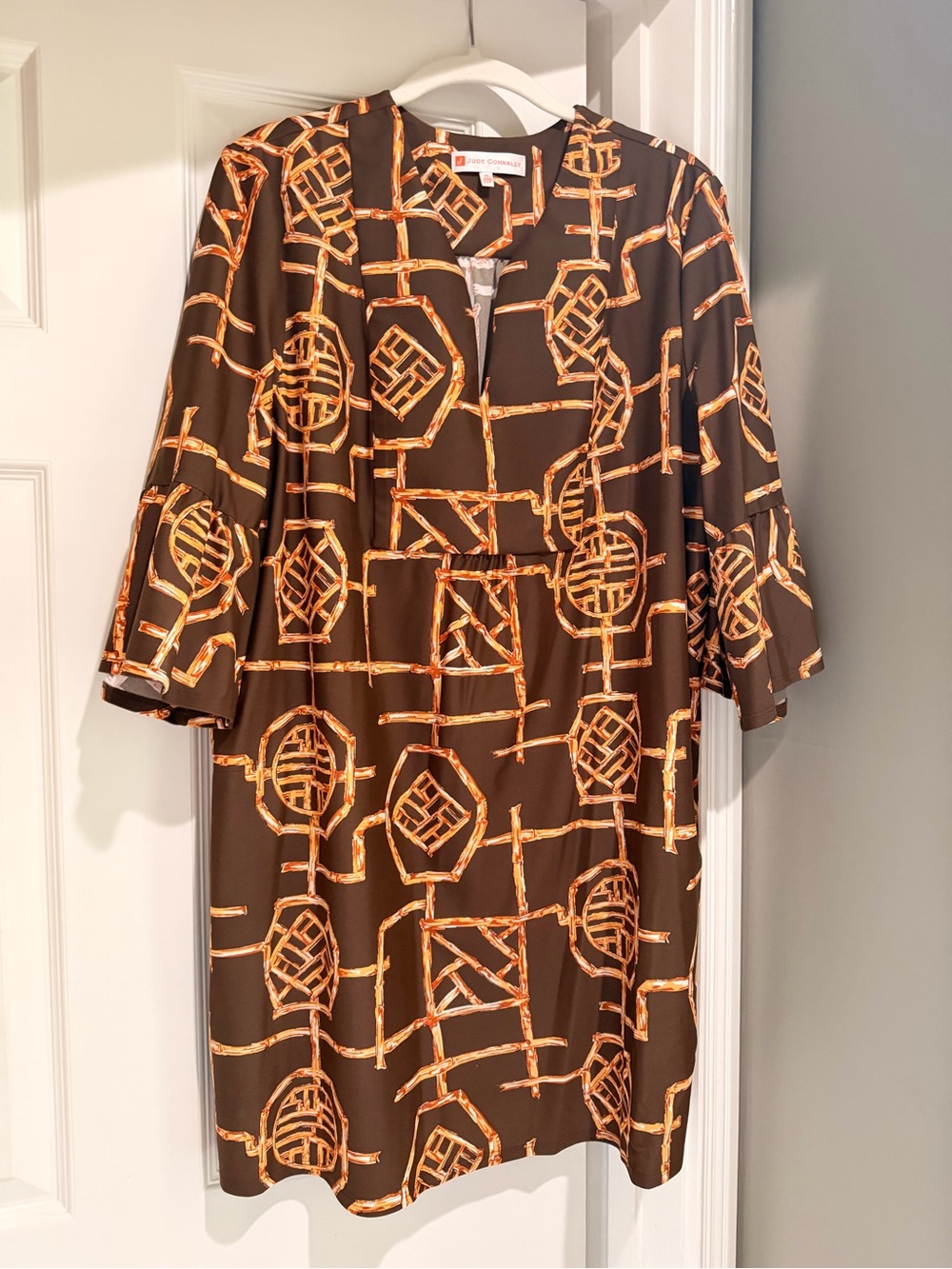 Jude Connally Brown Dress with Orange Geometric Print